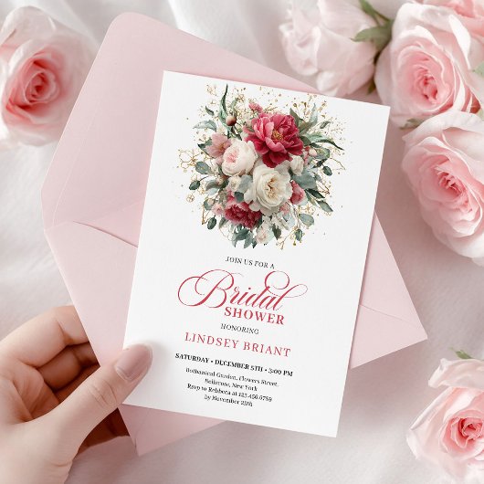 Invitation Glam Boho Burgundy Blush Floral Greenery Shower