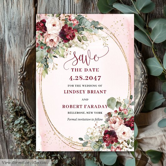 Invitation Glam Boho Deep Red Blush Gold Flowers Save Date