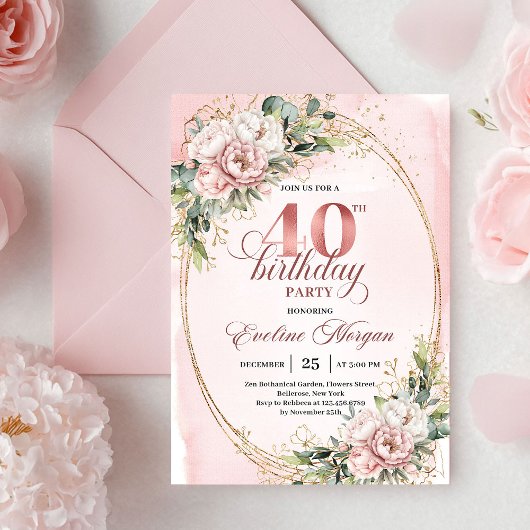 Invitation Glam Boho Dusty Pink Flowers 40th Birthday Invite