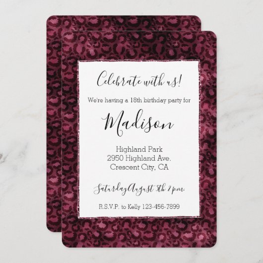 Invitation Glam Burgundy Empreinte de léopard White (Devant / Derrière)