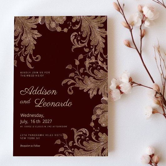Invitation Glam burgundy or floral luxe dentelle Mariage