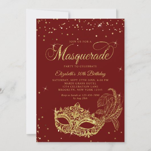 Invitation Glam Burgundy Parties scintillant rouge or Masquer (Devant)