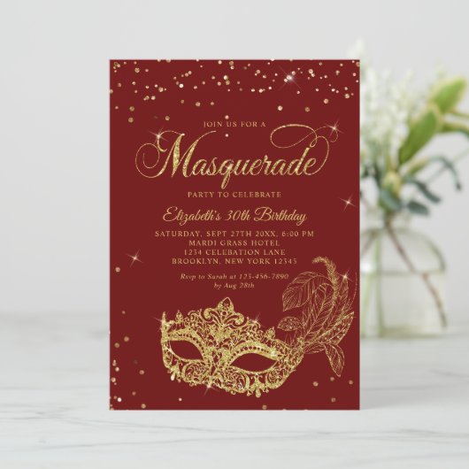 Invitation Glam Burgundy Parties scintillant rouge or Masquer (Debout devant)