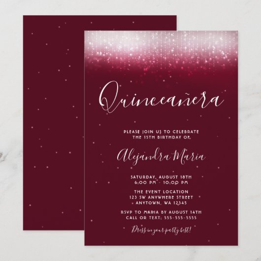 Invitation Glam Burgundy Quinceañera (Devant / Derrière)