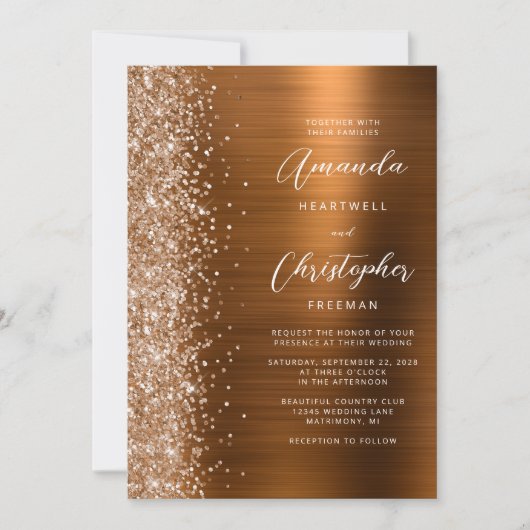 Invitation Glam Burnt Orange Brushed Metal QR Code Wedding (Devant)
