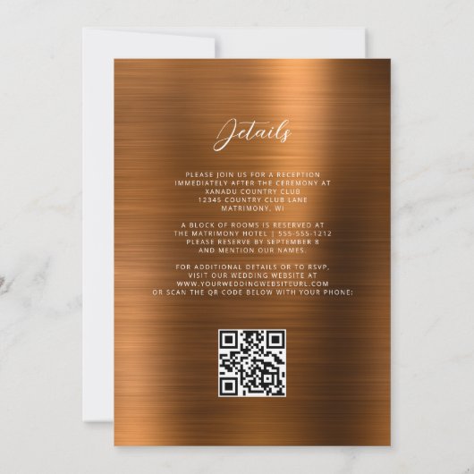 Invitation Glam Burnt Orange Brushed Metal QR Code Wedding (Dos)