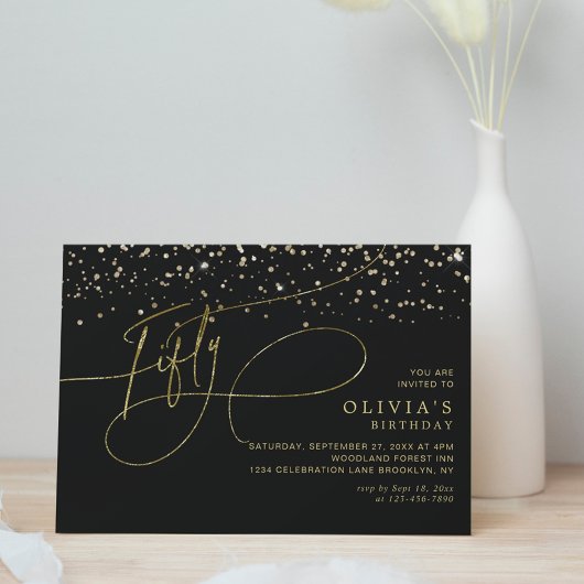 Invitation Glam Calligraphy Black Gold Confetti 50e anniversa