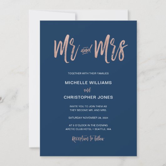 Invitation Glam Chic Marine & Rose Gold Mr & Mrs Wedding Invi (Devant)