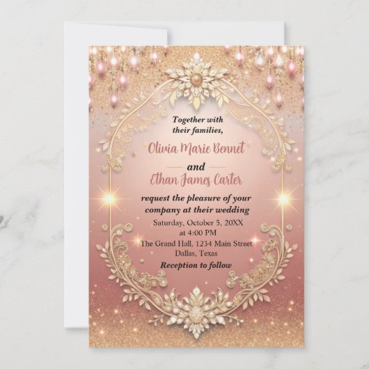 Invitation glam chic rose or Parties scintillant or cadre mar (Devant)