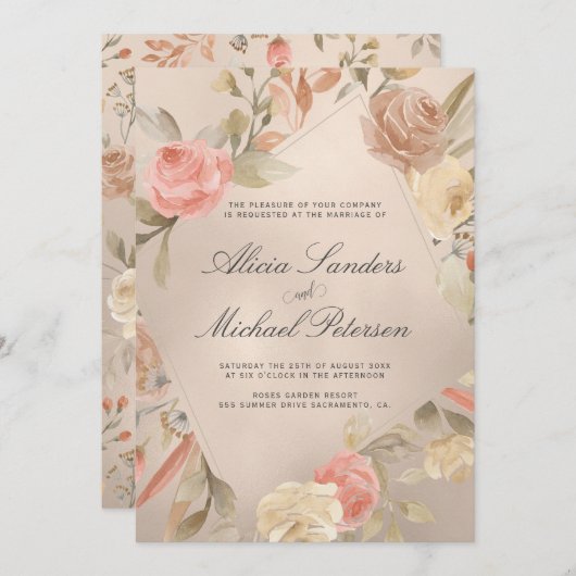 Invitation Glam Classy Peachy or main peint Mariage Rose (Devant / Derrière)