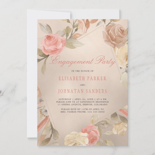 Invitation Glam Coral Gold Fiançailles Florales de luxe (Devant)
