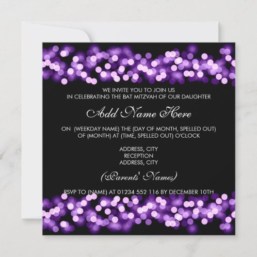 Invitation Glam de Hollywood violet Bat mitzvah (Devant)