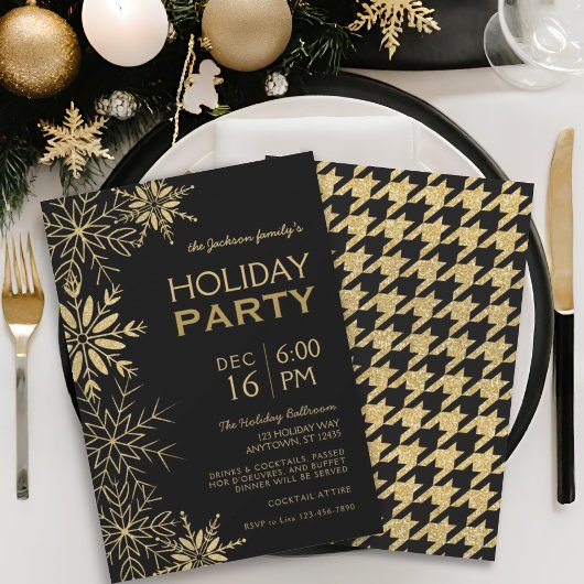 Invitation Glam de vacances Gold & Black Houndstooth & Snowfl