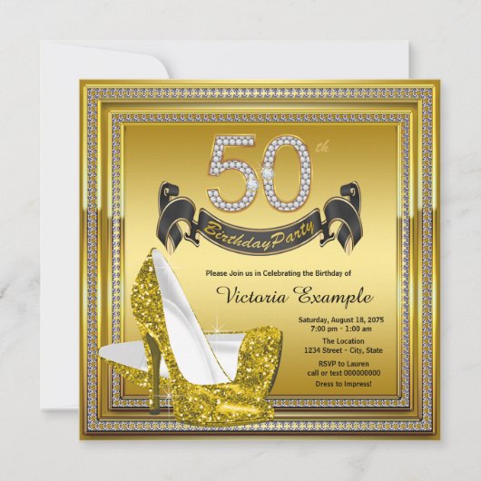 Invitation Glam Diamond Gold High Heels 50e fête d'anniversai (Devant)