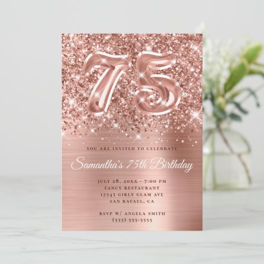 Invitation Glam doré Rose de Glitterie Sparkly 75e anniversai (Debout devant)