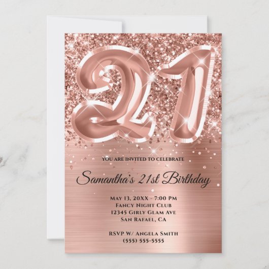 Invitation Glam doré Rose de la Glitterie Sparkly 21e anniver (Devant)
