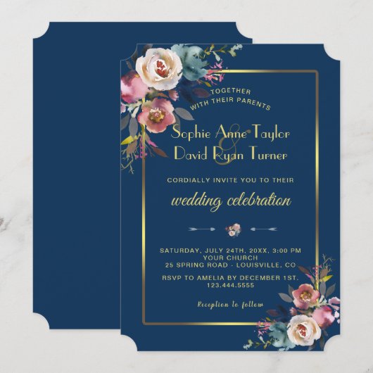Invitation Glam Dusty Blue Floral Golden Frame Mariage (Devant / Derrière)