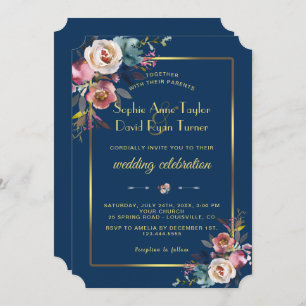 Invitation Glam Dusty Blue Floral Golden Frame Mariage