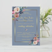 Invitation Glam Dusty Blue Rose Floral Gold Frame Mariage (Debout devant)