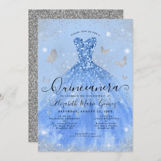 Invitation Glam Dusty Blue Silver Parties scintillant Gown Qu (Devant / Derrière)
