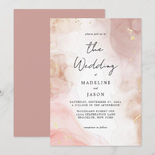 Invitation Glam Dusty rose Aquarelle or Mariage d'encre fluid