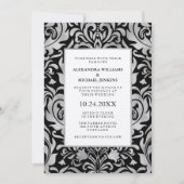 Invitation Glam Elegant Luxe Silver Damask sur Mariage noir (Devant)