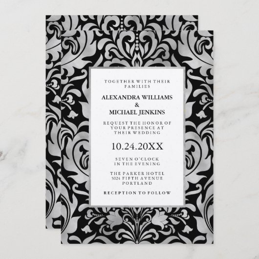Invitation Glam Elegant Luxe Silver Damask sur Mariage noir (Devant / Derrière)