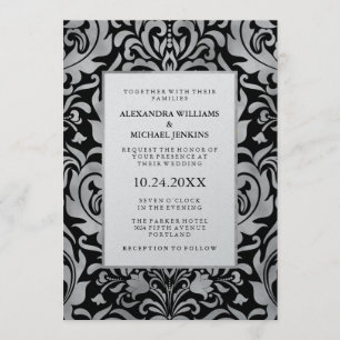 Invitation Glam Elegant Luxe Silver Damask sur Mariage noir
