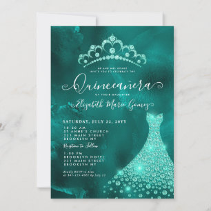 Invitation Glam Emerald Green Diamond Tiara Robe Quinceanera