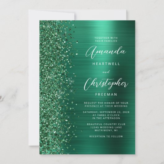 Invitation Glam Emerald Green en métal brossé QR Code Mariage (Devant)