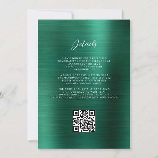 Invitation Glam Emerald Green en métal brossé QR Code Mariage (Dos)