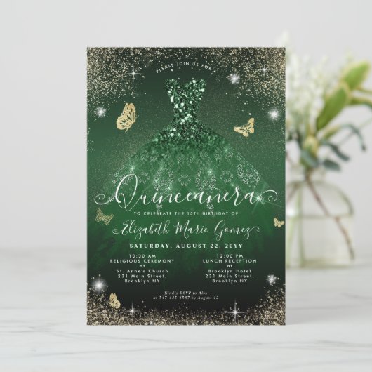 Invitation Glam Emerald Green Gold Parties scintillant Gown Q (Debout devant)