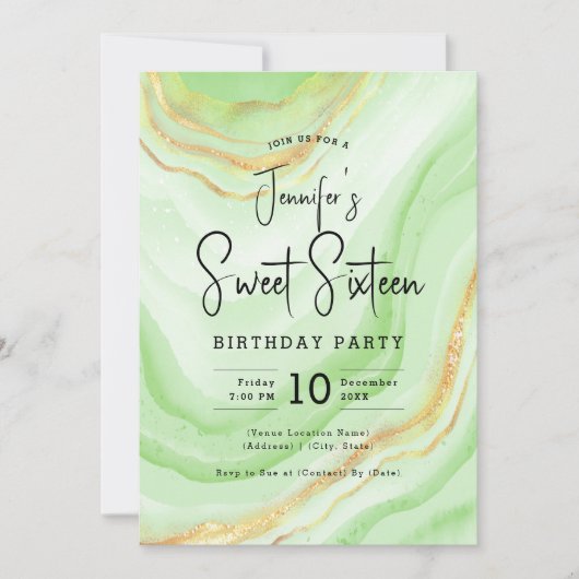 Invitation Glam Emerald Green Marble Parties scintillant Swee (Devant)