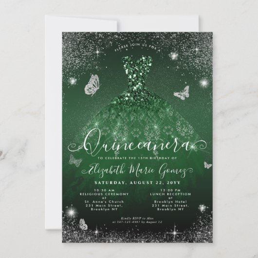 Invitation Glam Emerald Green Parties scintillant Argent Gown (Devant)