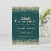 Invitation Glam Emerald Green Quinceañera Gold Tiara Parties (Debout devant)