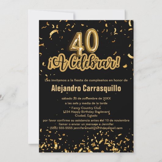 Invitation Glam espagnol Confetti noir et or 40e anniversaire (Devant)