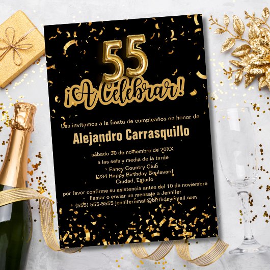 Invitation Glam espagnol Noir & Or Confetti 55e anniversaire