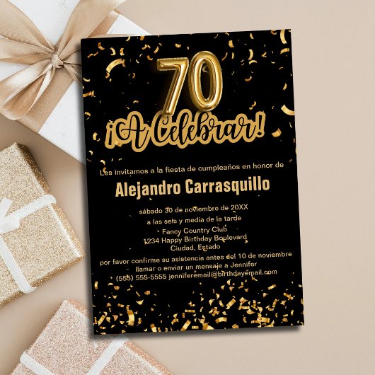 Invitation Glam espagnol Noir & Or Confetti 70e anniversaire