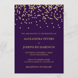 Invitation Glam Faux Gold Confetti et Deep Purple Mariage