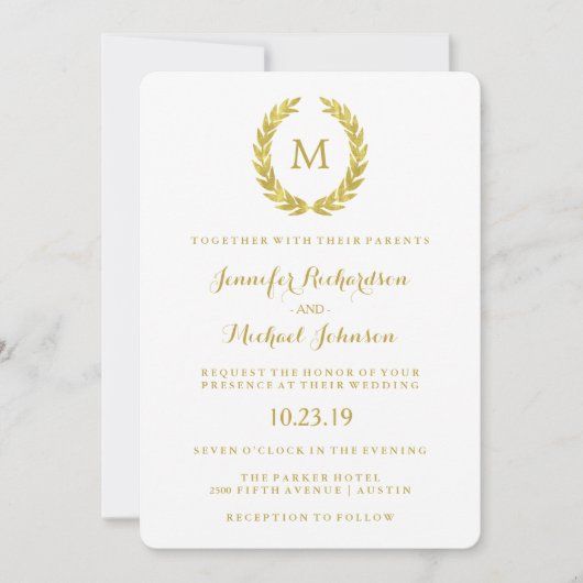 Invitation Glam Faux Gold Foil Laurel Wreath Monogram Mariage (Devant)