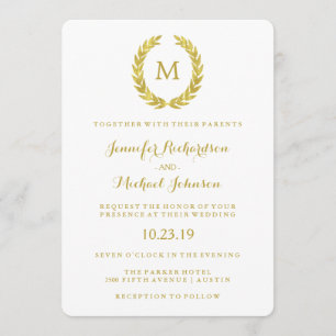 Invitation Glam Faux Gold Foil Laurel Wreath Monogram Mariage