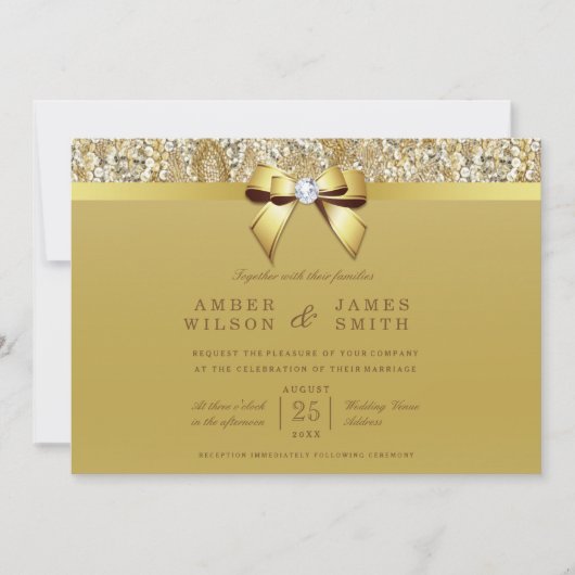 Invitation Glam Faux Gold Sequins et Bow Mariage (Devant)