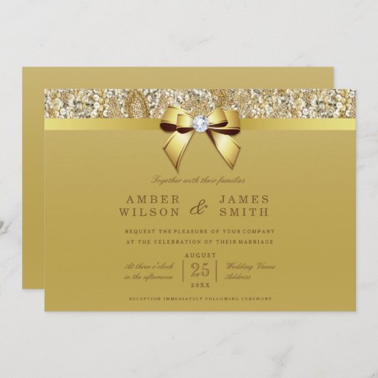 Invitation Glam Faux Gold Sequins et Bow Mariage (Devant / Derrière)