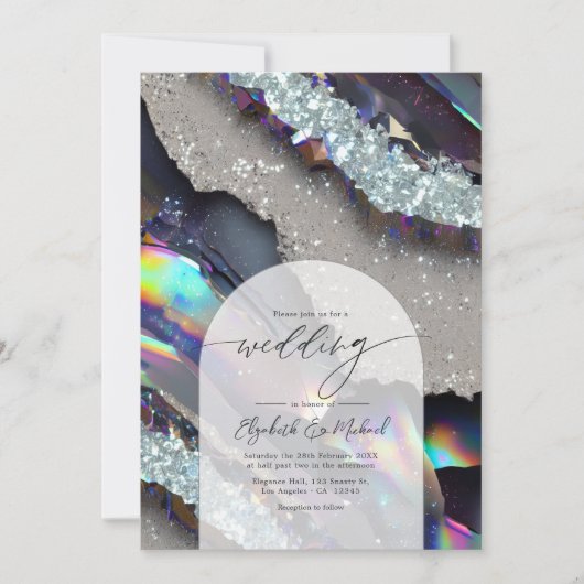 Invitation Glam Faux Holographique Agate Géode Mariage QR Cod (Devant)