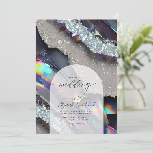 Invitation Glam Faux Holographique Agate Géode Mariage QR Cod (Debout devant)