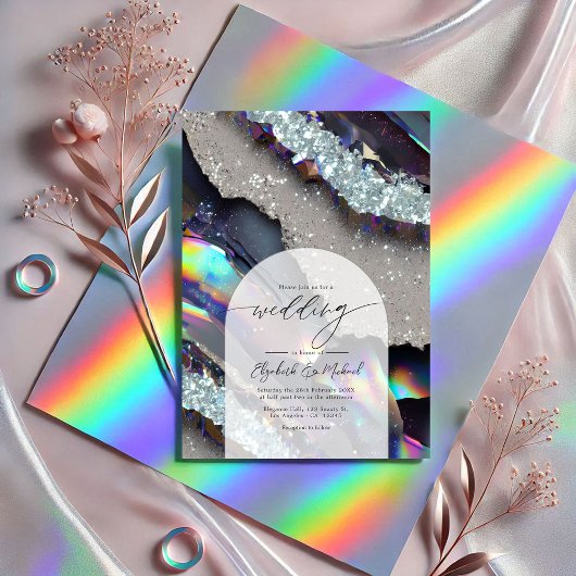 Invitation Glam Faux Holographique Agate Géode Mariage QR Cod