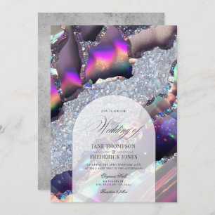 Invitation Glam Faux Holographique Agate Marbre Mariage Geode