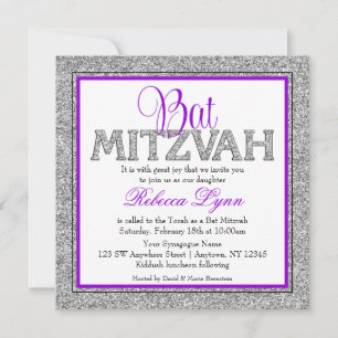Invitation Glam Faux Pailleté Argent Violet Bat Mitzvah