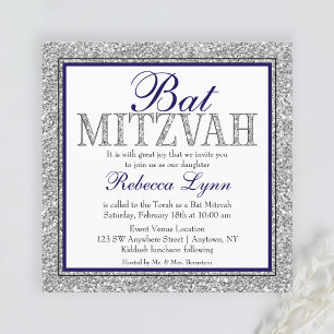 Invitation Glam Faux Paillettes Argent Bleu Marine Bat Mitzva