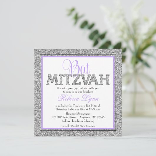 Invitation Glam Faux Parties scintillant Bat mitzvah de lavan (Debout devant)